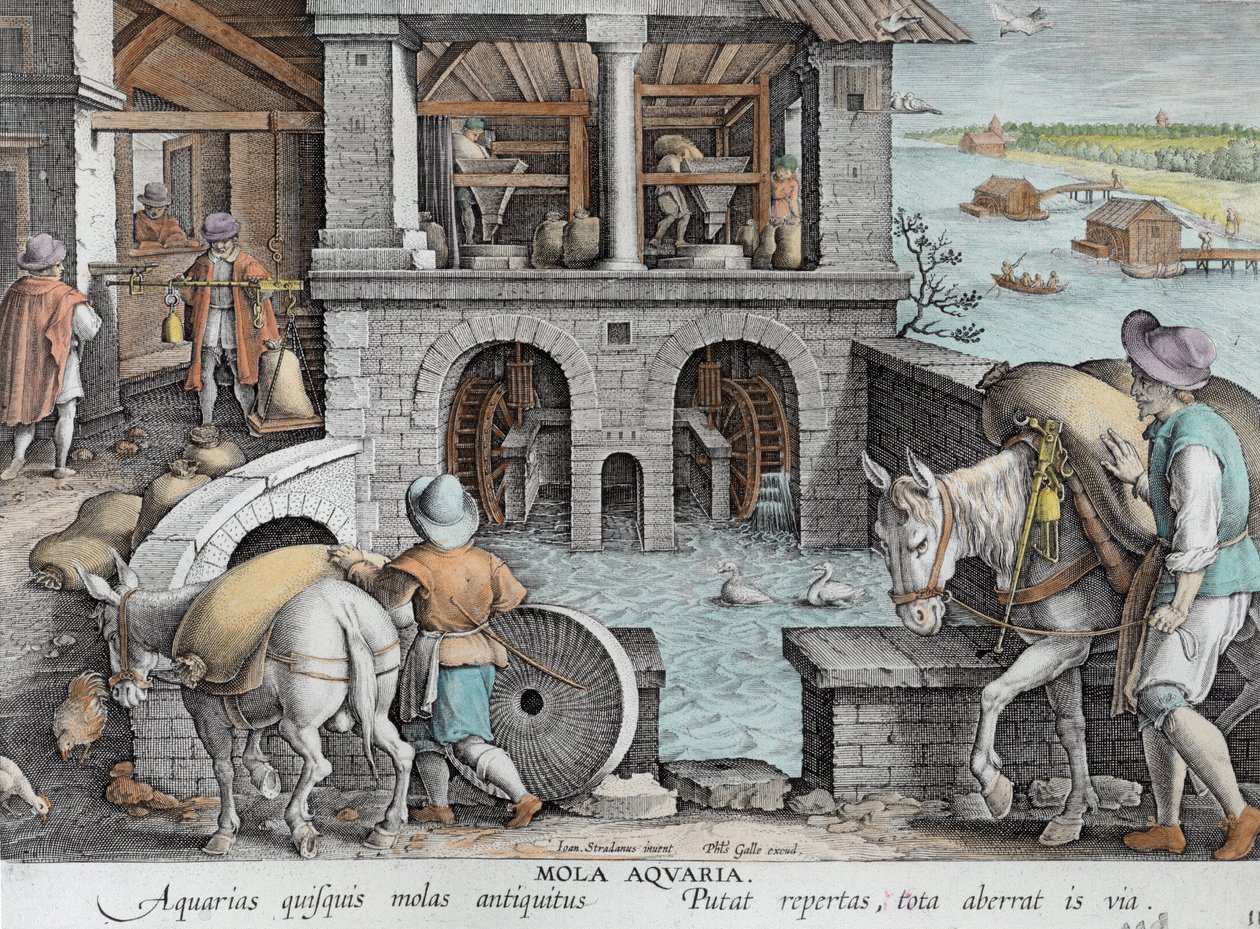 Vízimalom, 11. tábla a "Nova Reperta" (Új felfedezések) című műből, metszette Philip Galle (1537-1612), 1600 körül (későbbi színezés). alkotó: Jan van der Straet