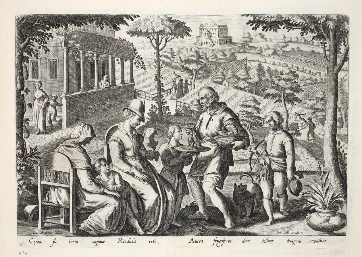 Döglött madarakat árusító madárfogók, 76. tábla, illusztráció a „Venationes, Ferarum, Avium, Piscium” (Vadászatról: Vadállatok, madarak, halak) könyvéből, metszett: Jan Collaert (1566-1628), kocsma. írta: Phillipus Galla alkotó: Jan van der Straet