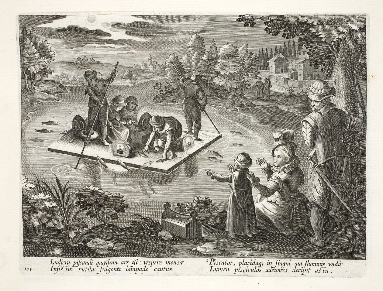 Horgászat a tavon éjjel, 101. tábla, illusztráció a „Venationes, Ferarum, Avium, Piscium” (Vadászatról: Vadállatok, madarak, halak) című könyvből, vésette: Jan Collaert (1566-1628), kocsma. írta: Phillipus Gallaeus, alkotó: Jan van der Straet