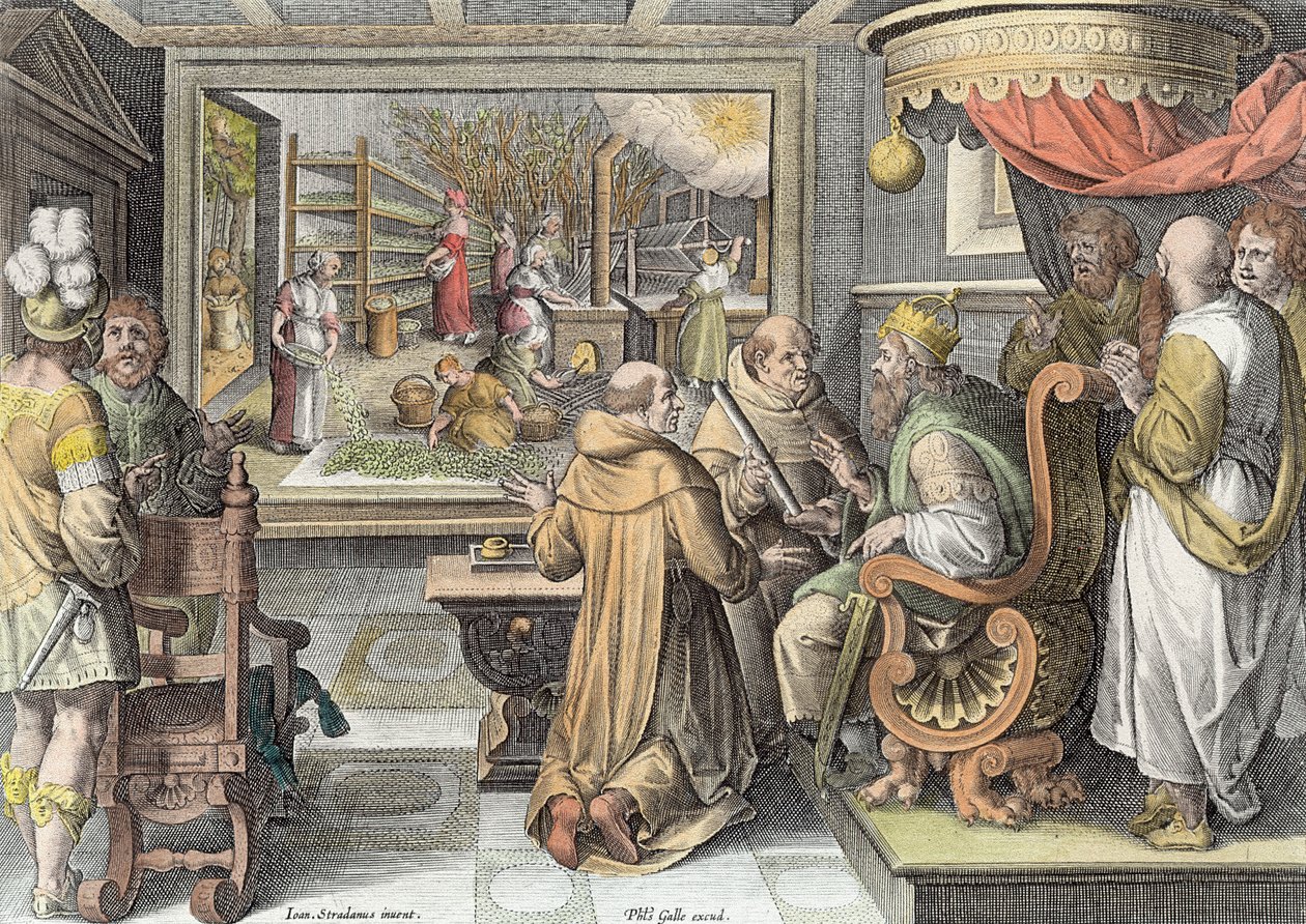 A selyemipar kezdete Európában, a „Nova Reperta” (Új felfedezések) 9. táblája, Philip Galle (1537-1612) metszete 1600 körül (későbbi színezés) alkotó: Jan van der Straet