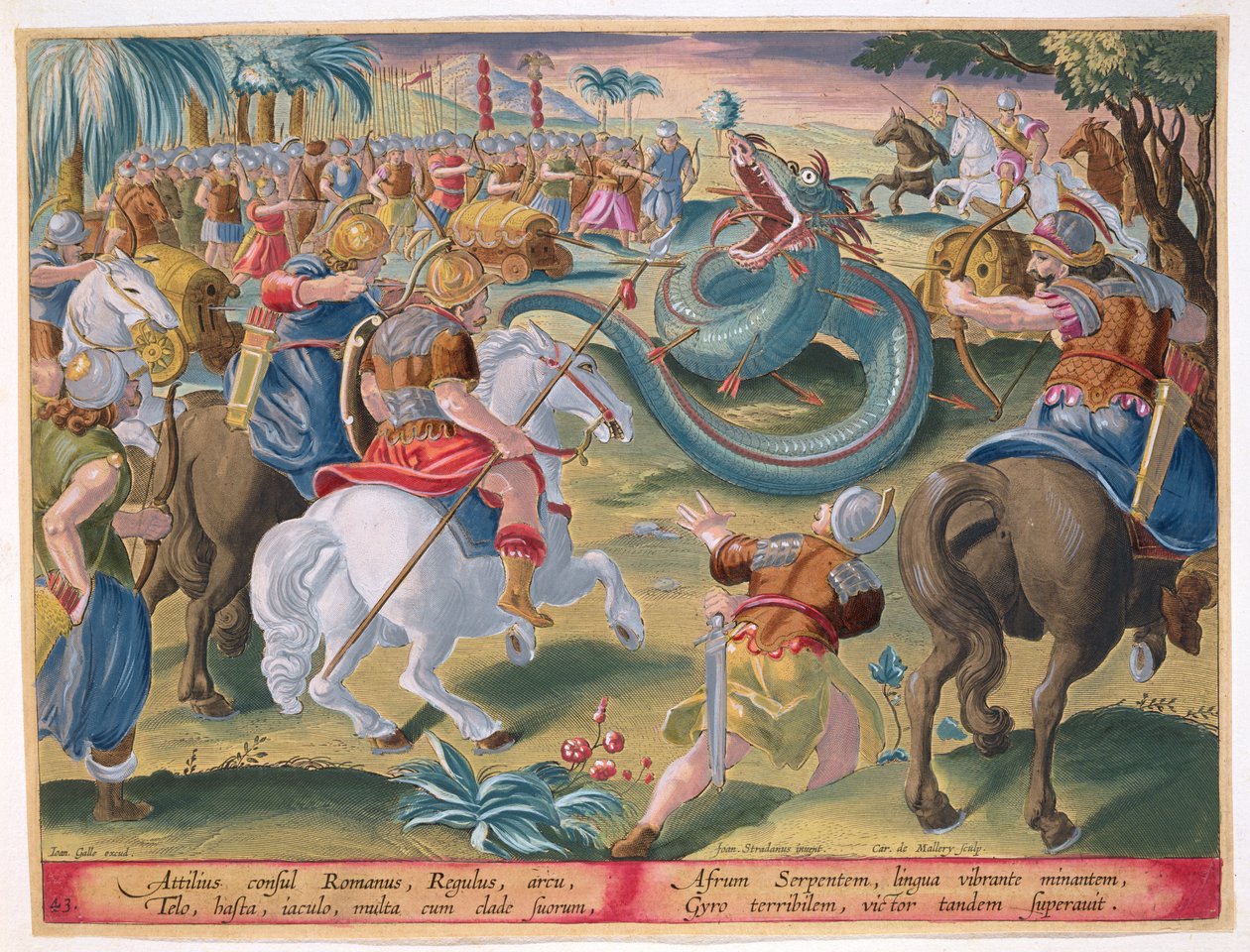 Atilius római konzul leigázza az afrikai kígyót, a „Venationes Ferarum, Avium, Piscium” (Vadászatról: Vadállatok, madarak, halak) 42. táblája Jan Collaert (1566-1628) metszetében, Philli kiadásában alkotó: Jan van der Straet