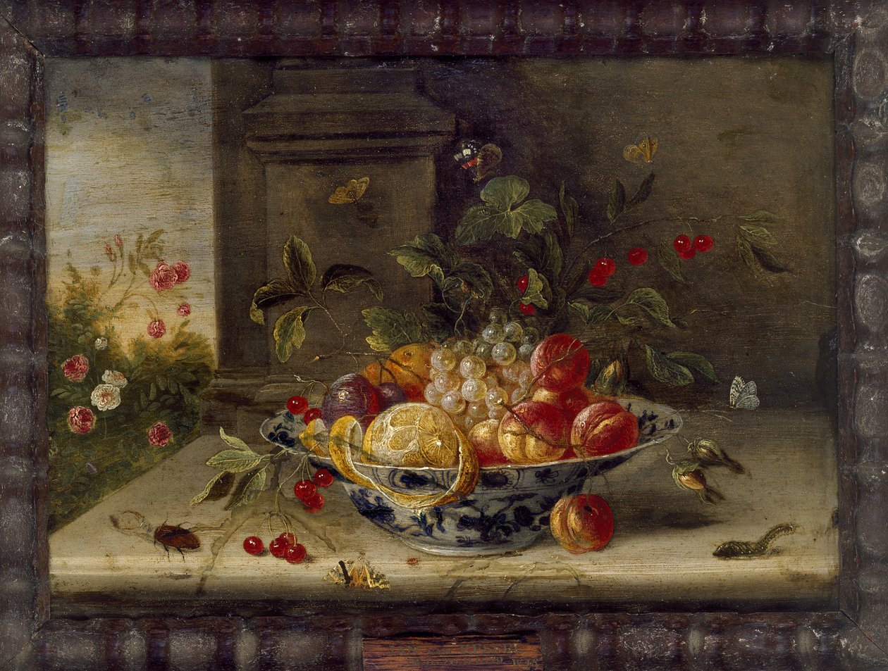 Dekoratív csendélet kompozíció porcelán tálkával, gyümölccsel és rovarokkal (olaj, réz) alkotó: Jan van Kessel the Elder