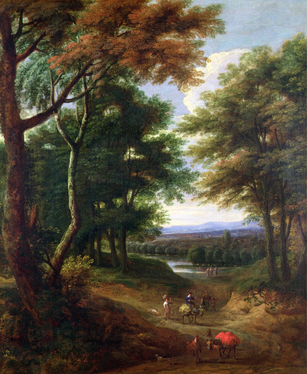Erdős táj utazókkal egy ösvényen alkotó: Jan Baptist Huysmans