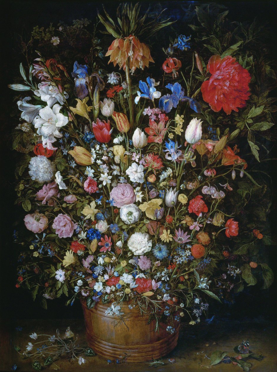 Virágok egy fából készült edényben alkotó: Jan Brueghel the Elder