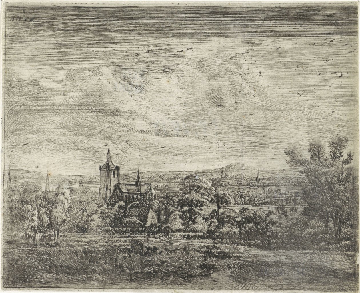 Kilátás a falura egy templommal alkotó: Jan Ruyscher