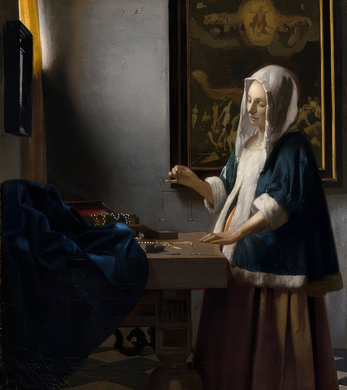 Nő mérleggel. 1664 körül alkotó: Jan Vermeer van Delft