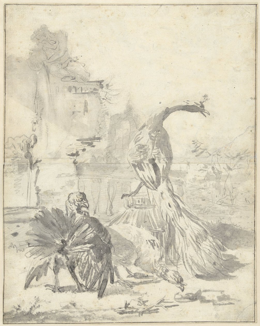 Hoenderhof egy pávával és két pulykával alkotó: Jan Baptist Weenix