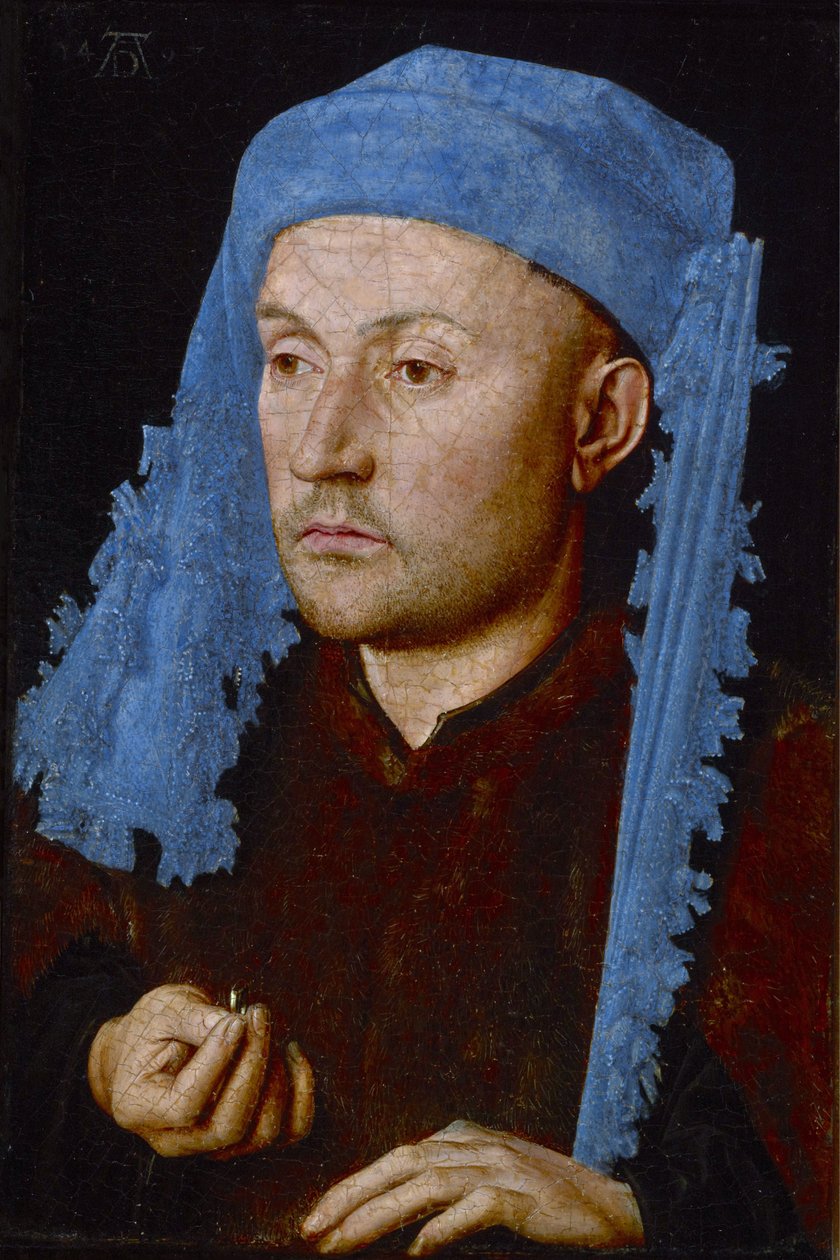 Férfi kék sapkában alkotó: Jan van Eyck
