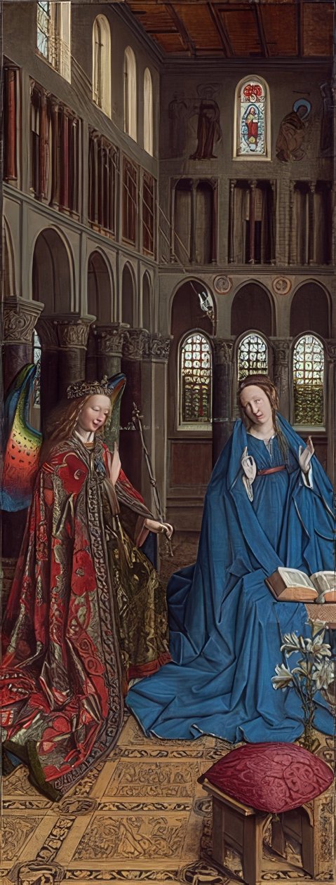 Angyali Üdvözlet. 1434/36 körül alkotó: Jan van Eyck