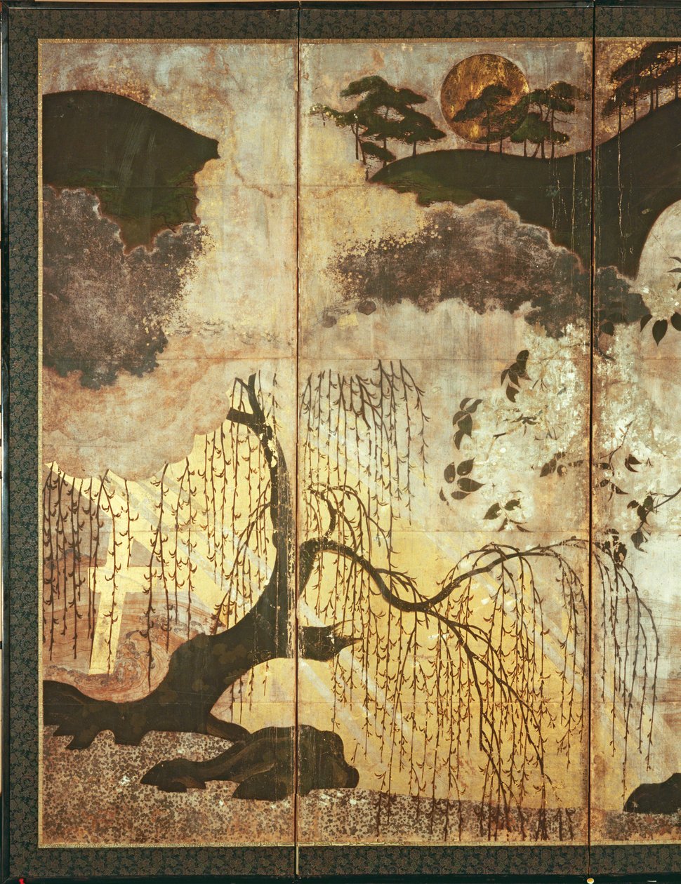 Napos táj (toll és tinta, színes, arany papír a panelen) (lásd: 216577, 216578) alkotó: Japanese School
