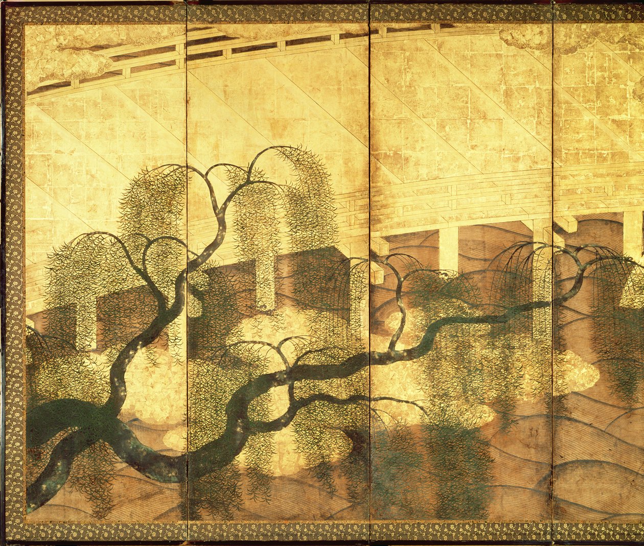 A Liji folyó hídja (toll és tinta, színes és arany papír a panelen) (lásd: 216570) alkotó: Japanese School