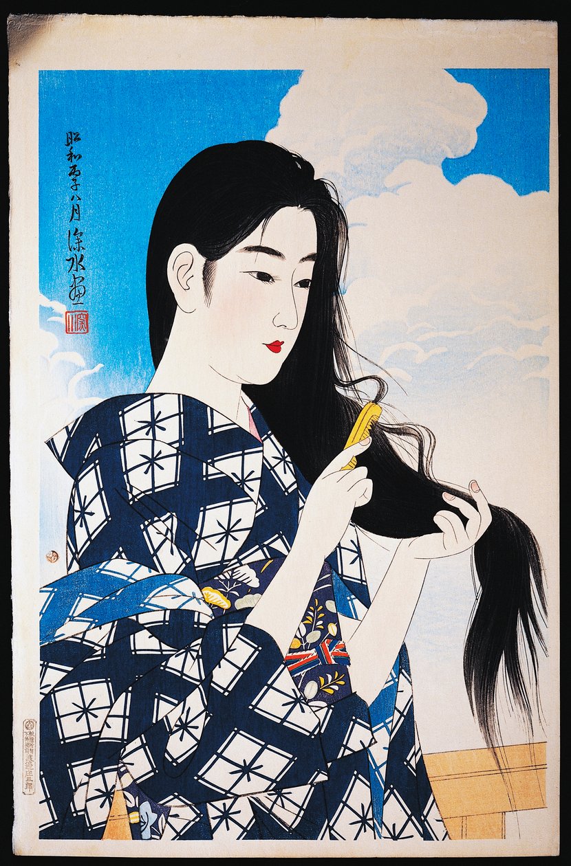 Fiatal nő fésülködik a haját alkotó: Japanese School