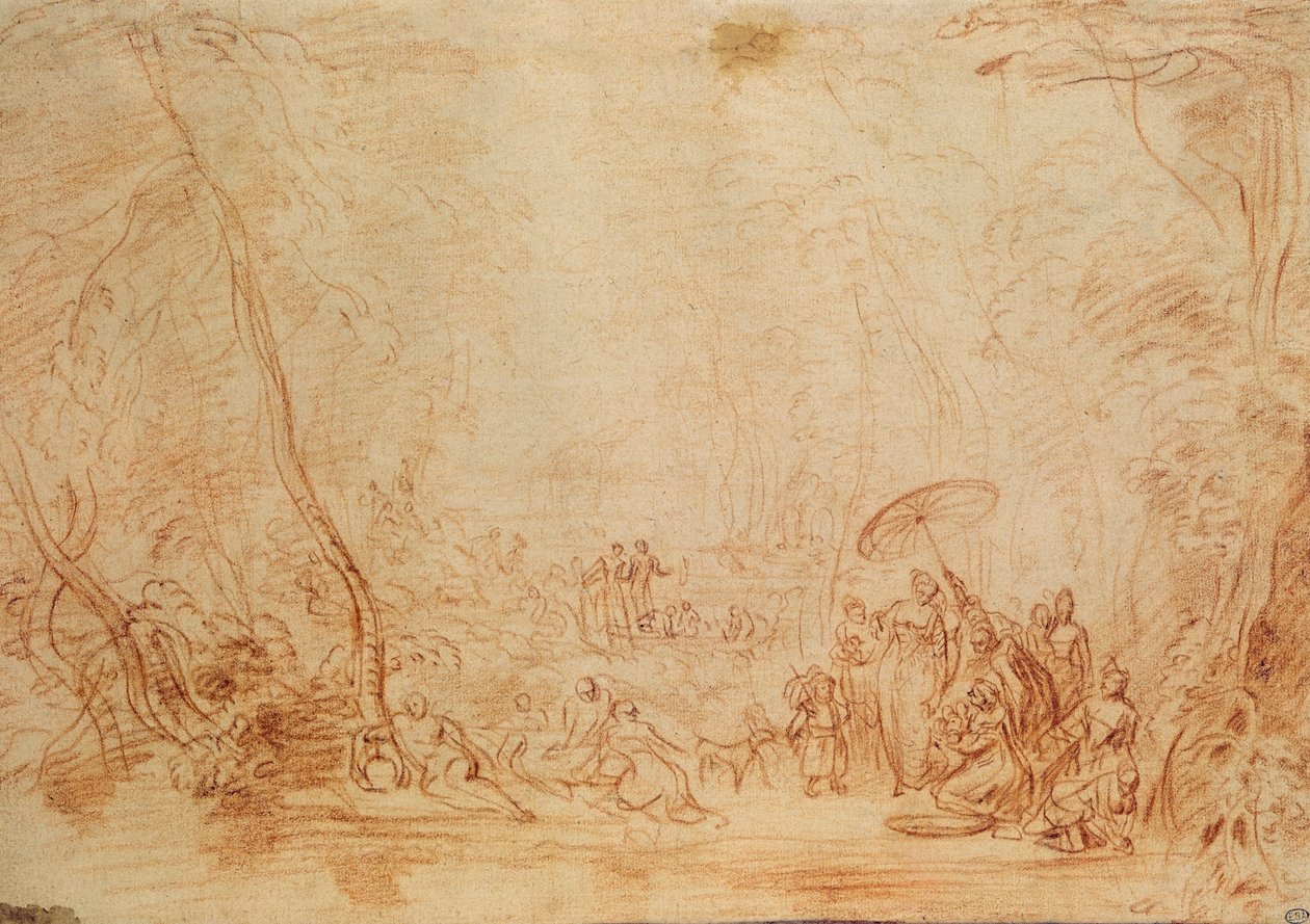 Mózes megmentése a vízből (szangvinikus papíron) alkotó: Jean Antoine Watteau