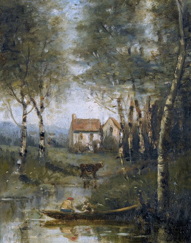 A folyó hajóval és a ház alkotó: Jean Baptiste Camille Corot