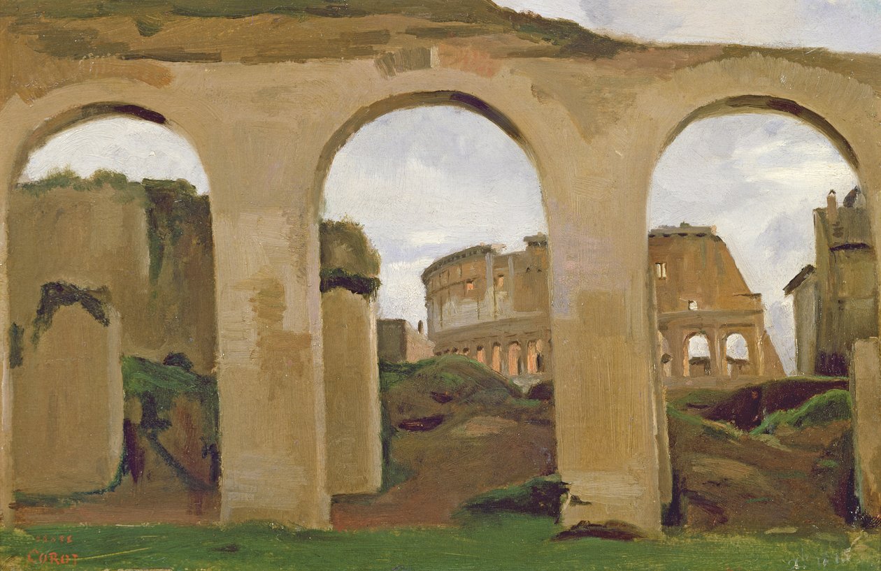A Colosseum a konstantinápolyi bazilika árkádjain keresztül, 1825 (olaj, papír) alkotó: Jean Baptiste Camille Corot