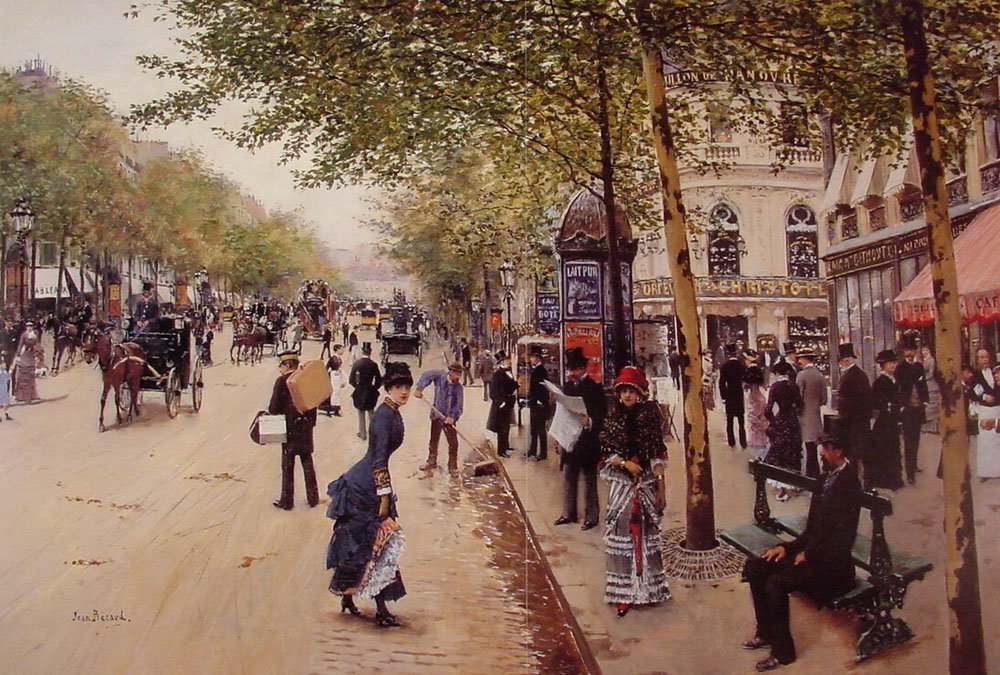 Boulevard des capucines - a háttérben Boulevard des Italiens és Pavillon de Hanovre a jobb oldalon alkotó: Jean Beraud