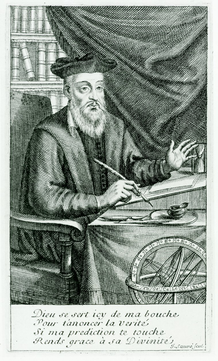 Michel de Nostredame (Nostradamus) (1503-66) Próféciáit írja, vésette Jean Sauve (fl.1660-91) alkotó: Jean Boulanger