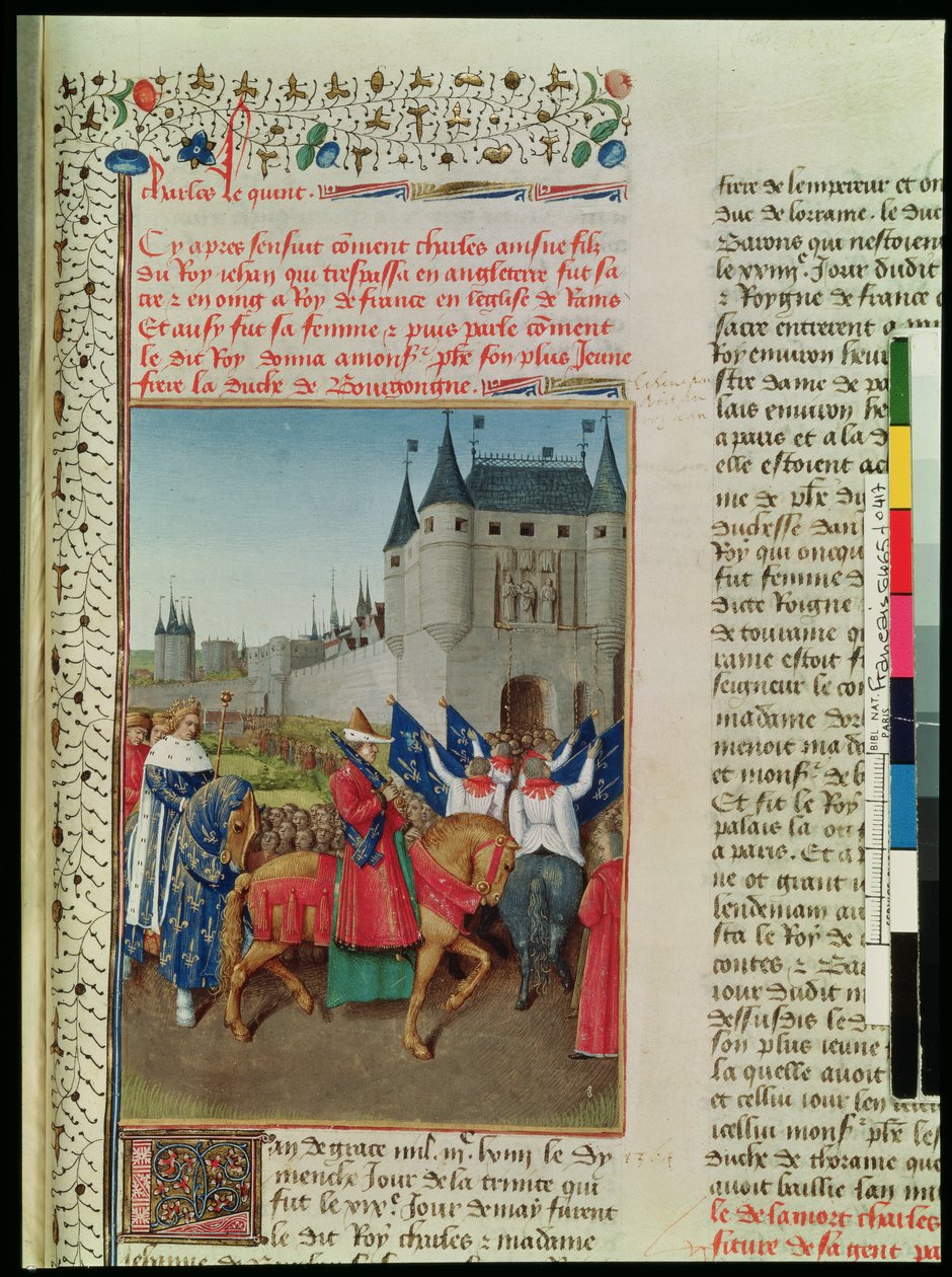 Ms 6465 f.417 V. Károly (1337-80) Párizsba érkezése, 1364. május 28., 1460 körül alkotó: Jean Fouquet