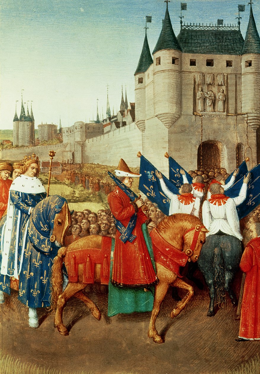 Ms 6465 f.417 V. Károly (1337-80) Párizsba érkezése, 1364. május 28., 1460 körül alkotó: Jean Fouquet