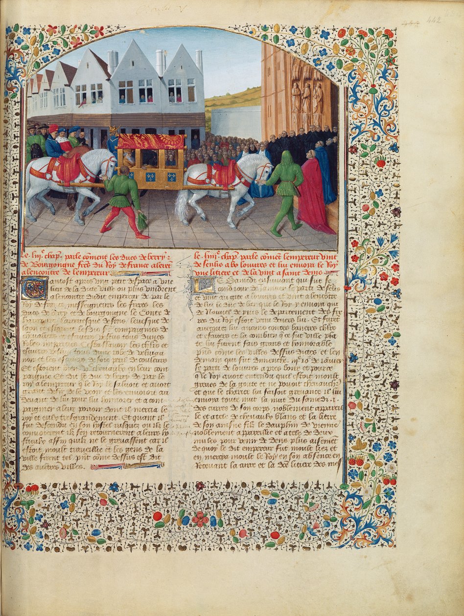 Ms Fr 6465 fol.442 IV. Károly császár (1316-78) érkezése a Saint-Denis-bazilikába, a Grandes Chroniques de France-ból, 1460 körül (lásd még: 192993) alkotó: Jean Fouquet