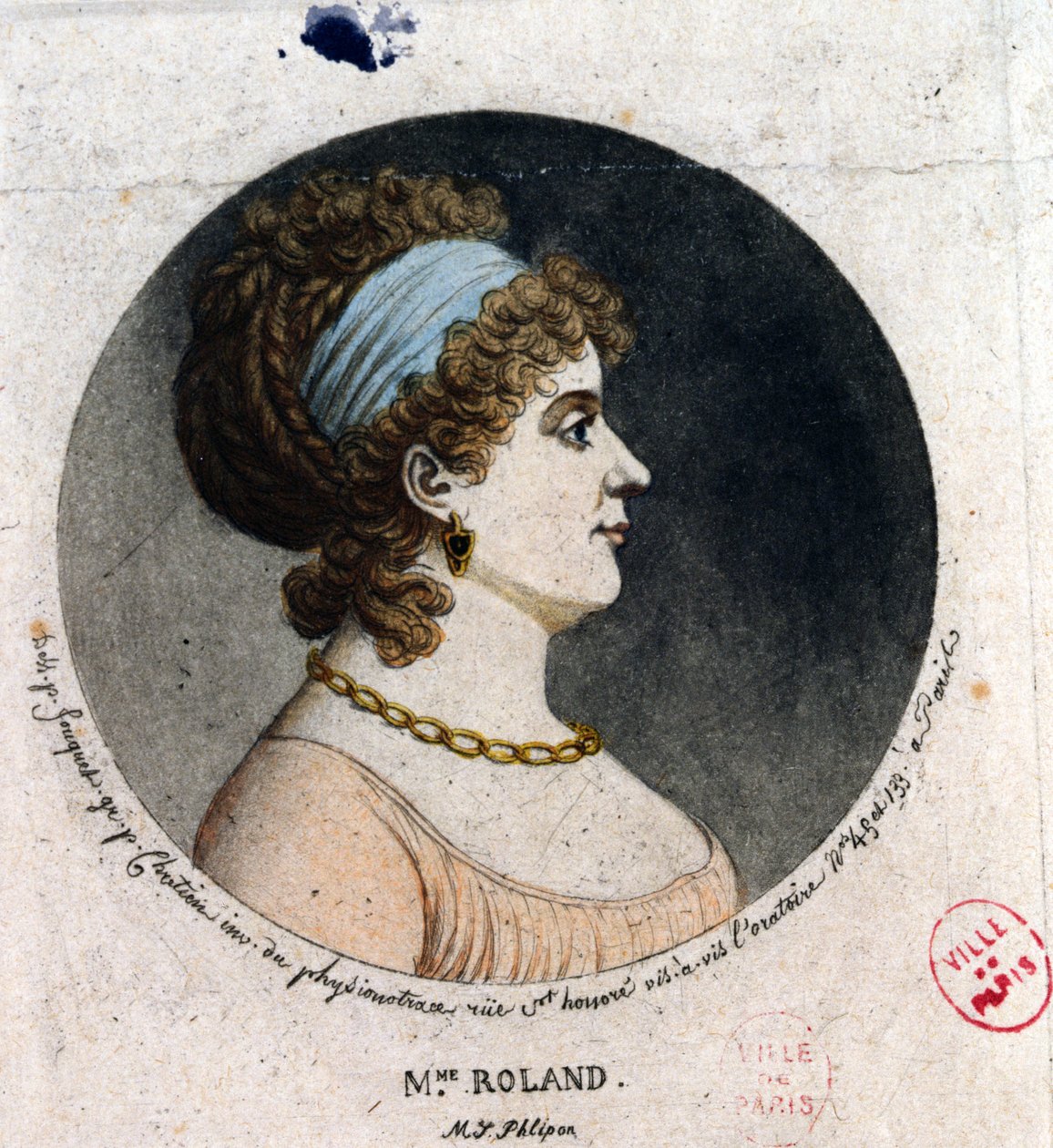 Madame Roland (1754-93) portréja physionotrace módszerrel (színes metszet) alkotó: Jean Fouquet