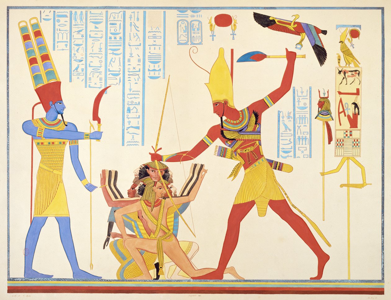 Amun isten sarlófegyvert kínál III. Ramszesz fáraónak, amint két elfogott ellenséget üt, 1835-45 alkotó: Jean Francois Champollion