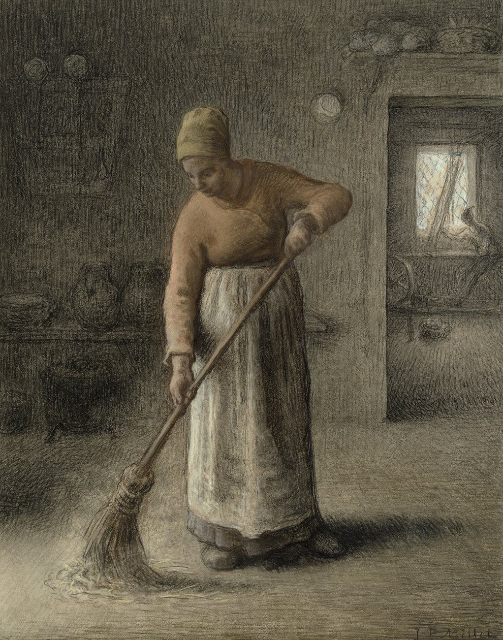 Egy gazdafeleség seprése, 1867 (pasztell barna papíron) alkotó: Jean Francois Millet