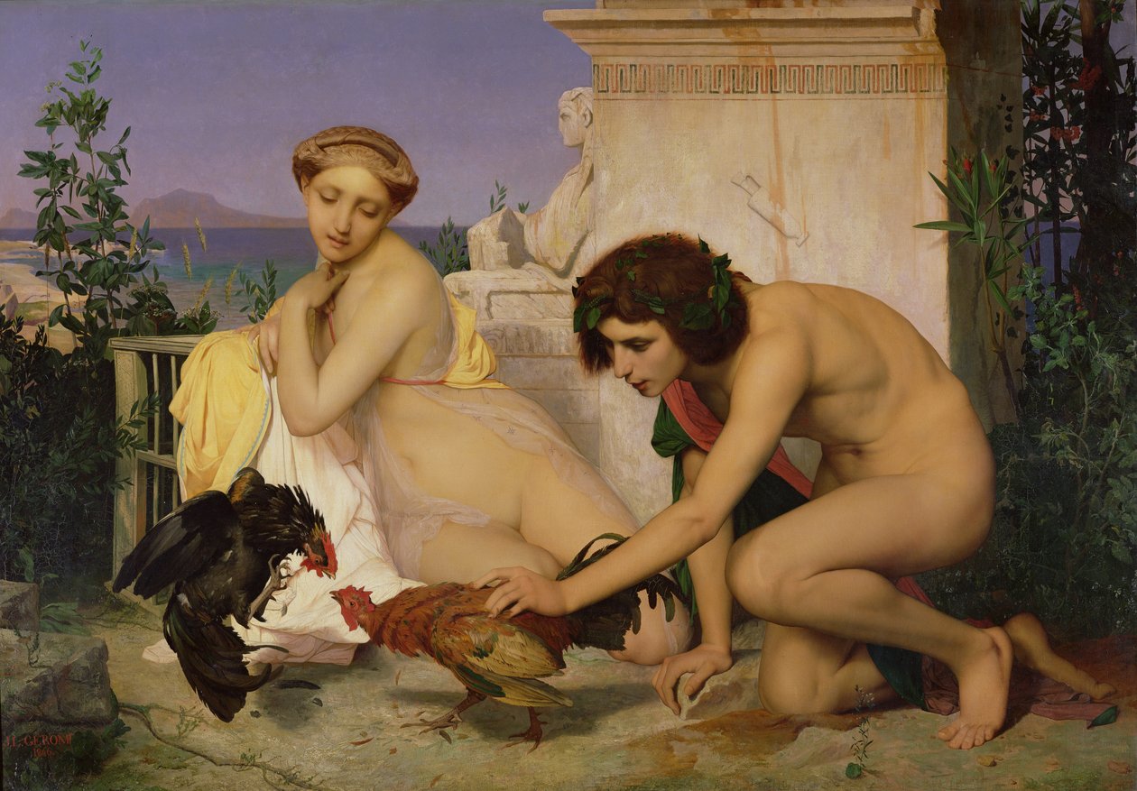 Fiatal görögök harcra buzdítják a kakasokat, 1846 alkotó: Jean Leon Gerome