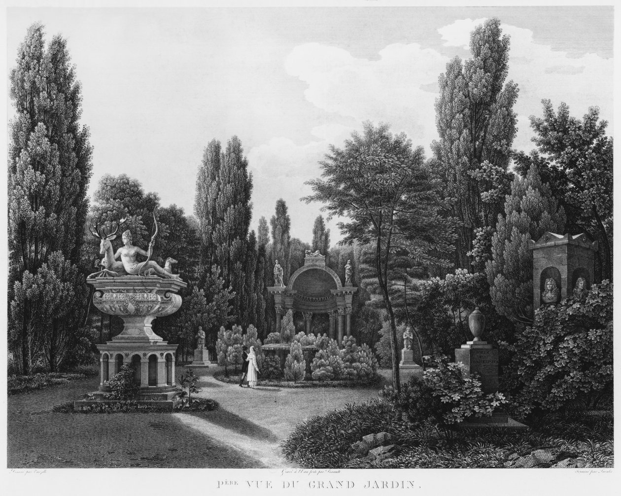 Első nézet a nagy kertről, Musee des Monuments Francais, Párizs, illusztráció a "Musee des Monuments Francais szobáinak festői kilátásai és perspektívái és a főbb munkák...", eng alkotó: Jean Lubin Vauzelle