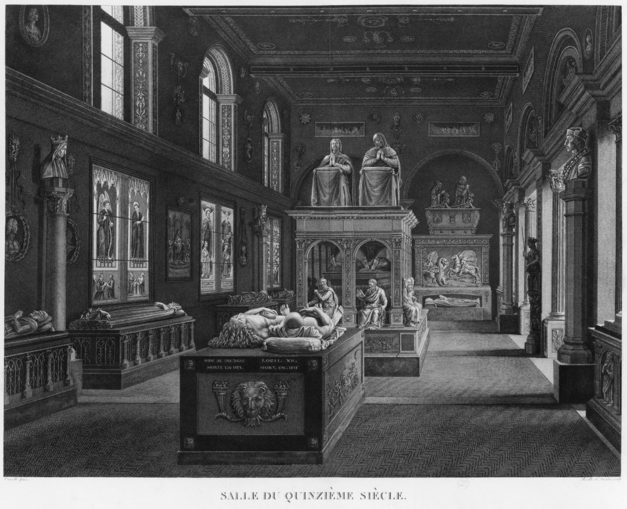 A 15. századi szoba, Musee des Monuments Francais, Párizs, illusztráció a „Musee des Monuments Francais szobáinak festői kilátásai és perspektívái és a főbb alkotások...” című művéből, metszett: alkotó: Jean Lubin Vauzelle
