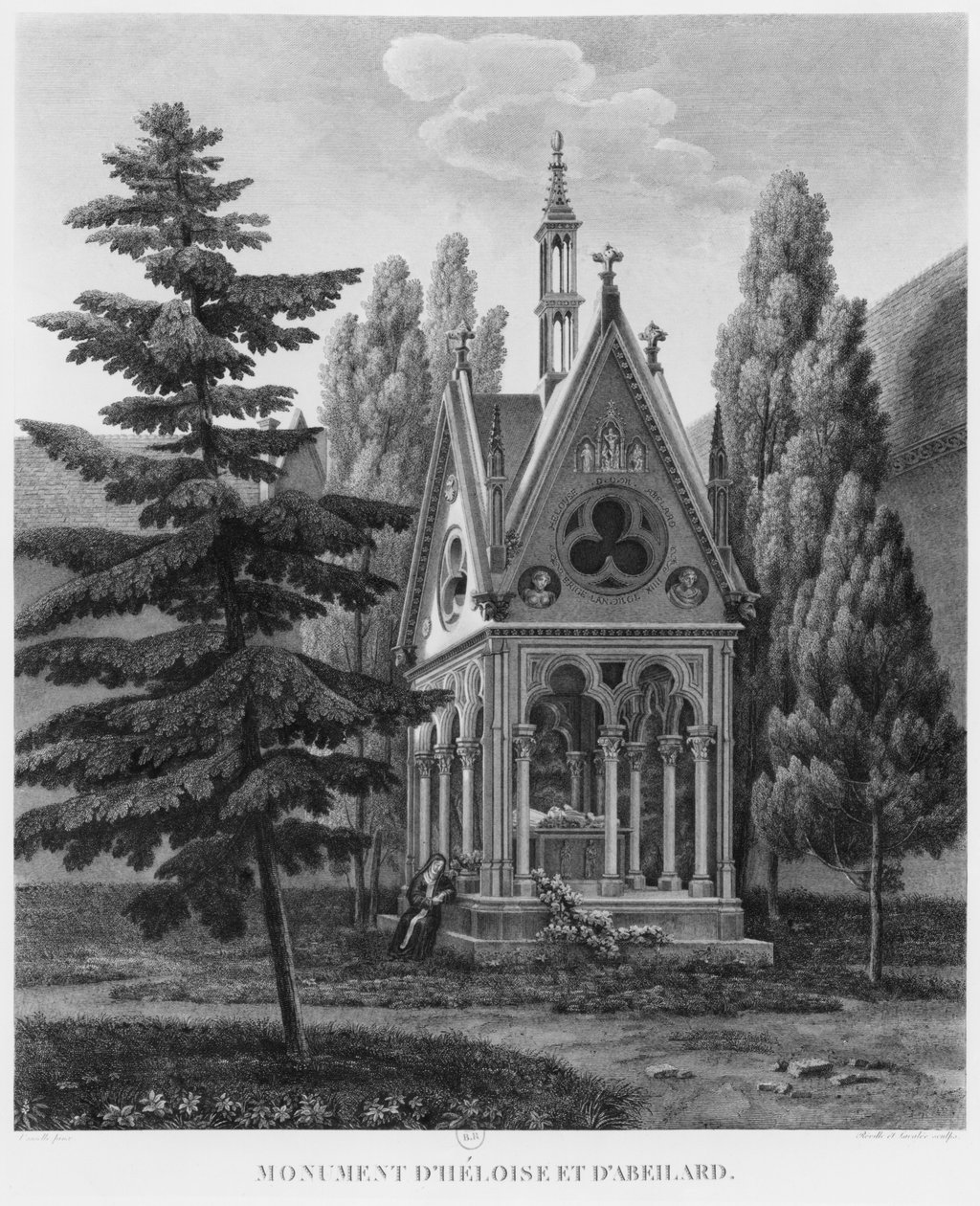 Heloise és Abelard sírja, Musee des Monuments Francais, illusztráció a „Musee des Monuments Francais szobáinak festői kilátásai és perspektívái és a főbb alkotások…” című művéből, metszett J. alkotó: Jean Lubin Vauzelle