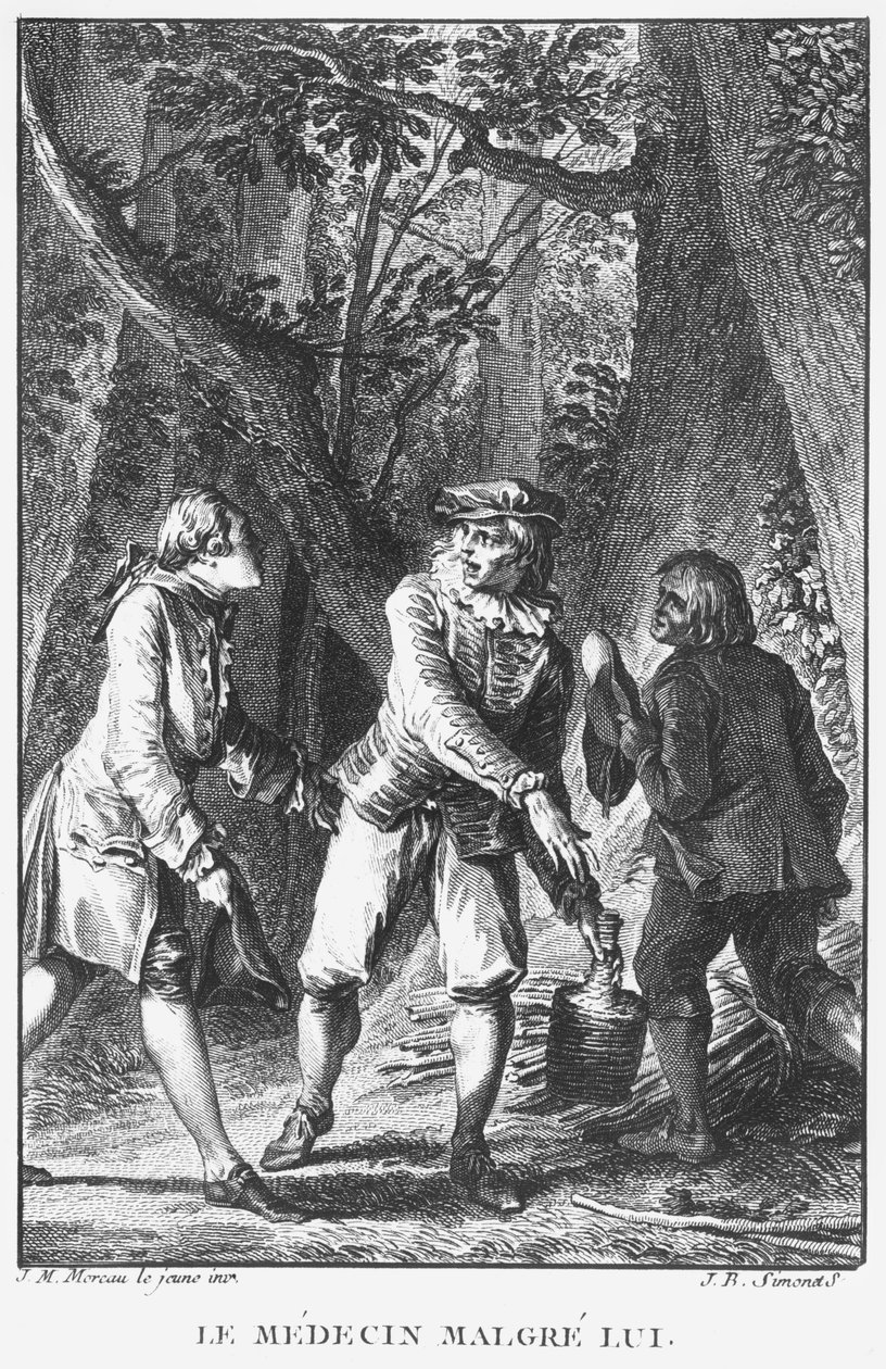 Illusztráció Jean-Baptiste Poquelin, Moliere (1622-1673) "Az orvos ellenére" (1666) című művéből, Jean Baptiste Simonet (1742-1813) metszetével alkotó: Jean Michel the Younger Moreau