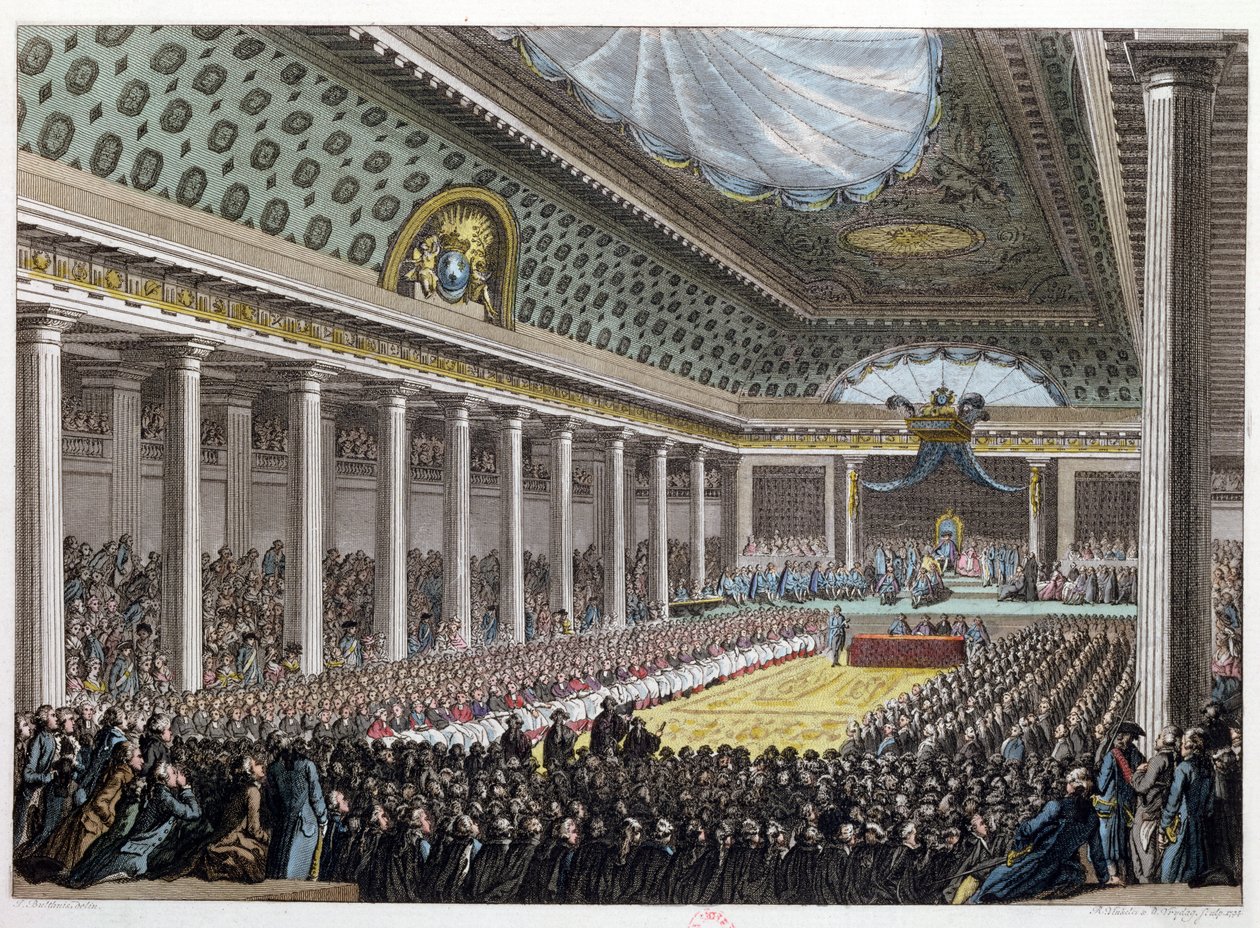 A Versailles-i Főtanácsok megnyitása, 1789. május 5., a "Tableaux historiques de la Revolution Francaise" című kiadványból. alkotó: Jean Michel the Younger Moreau