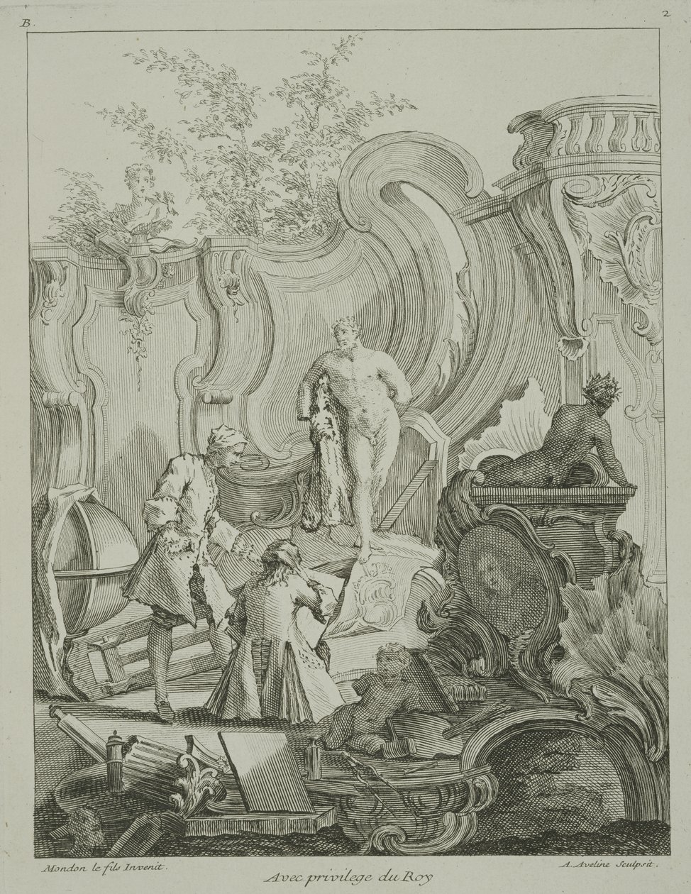 Kézművesek, akik tervein dolgoznak, a „Rococo Ornament”-ből, Antoine Aveline (1691-1743) metszetéből, 1736-49 között alkotó: Jean Mondon