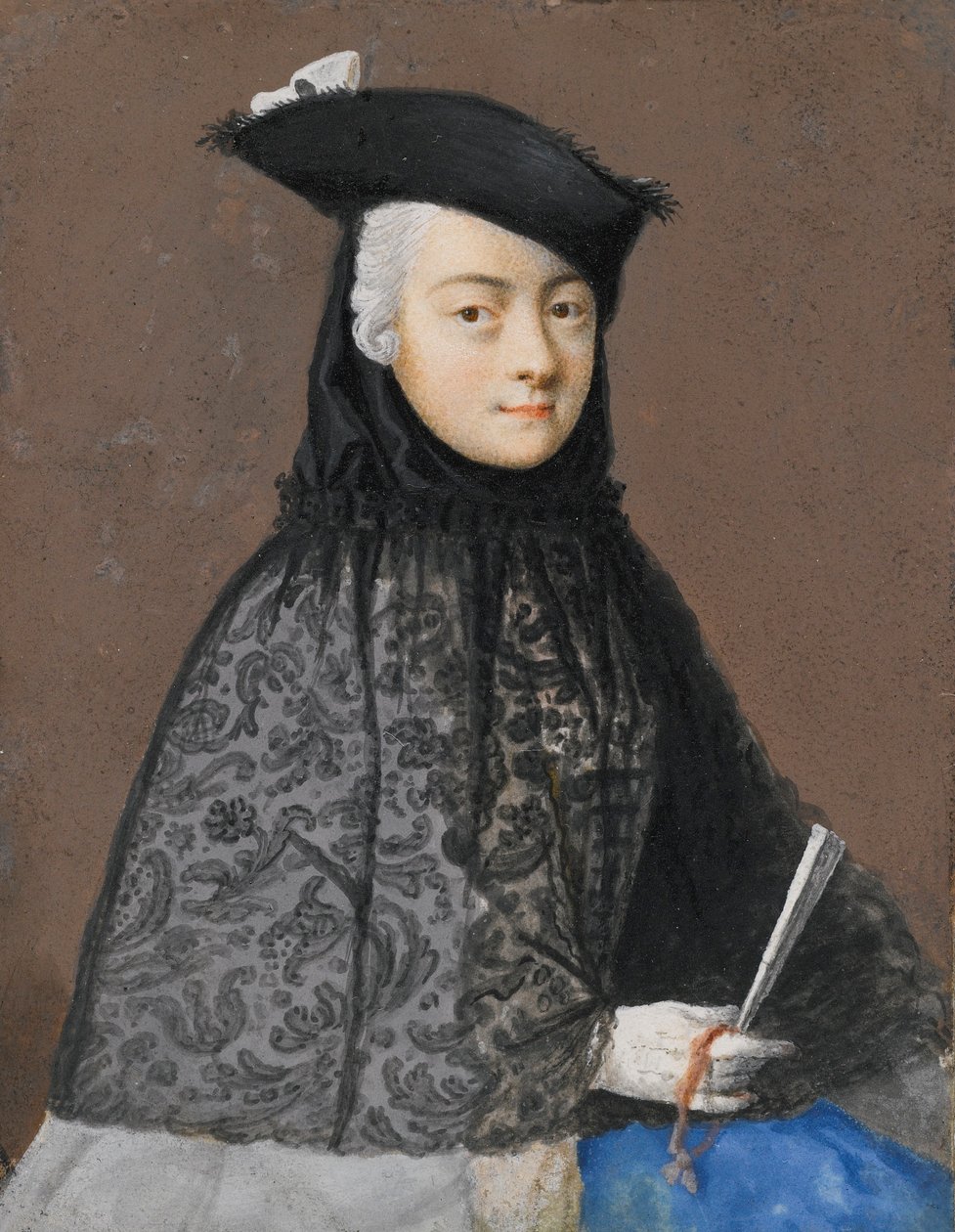 Ülő hölgy portréja egy velencei karneváli jelmezben, rajongót tartva alkotó: Jean Étienne Liotard