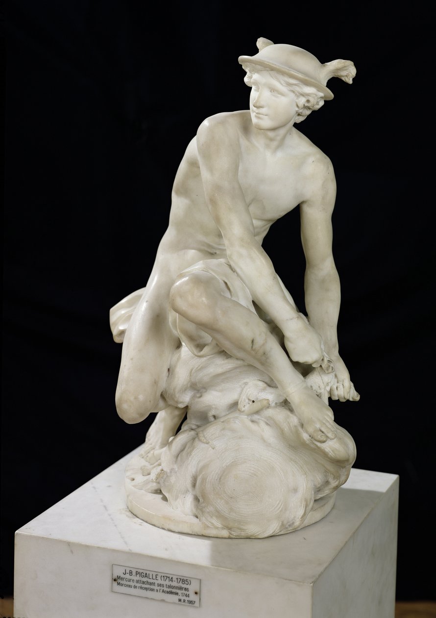 Merkúr szárnyas szandálját csatolja, 1744 (márvány) alkotó: Jean Baptiste Pigalle