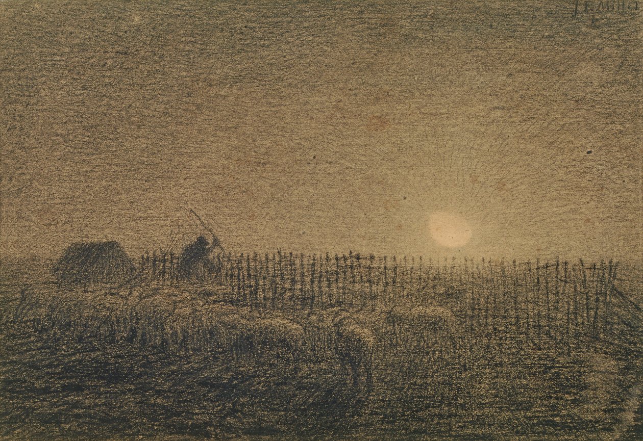 A Pásztor a foltnál holdfénynél (szén papíron) alkotó: Jean Francois Millet