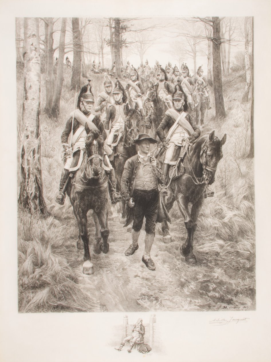 Francia lovasság erdőben halad vezetéssel, Achilles Jacquet (1846-1908) metszete. alkotó: Jean Louis Ernest Meissonier