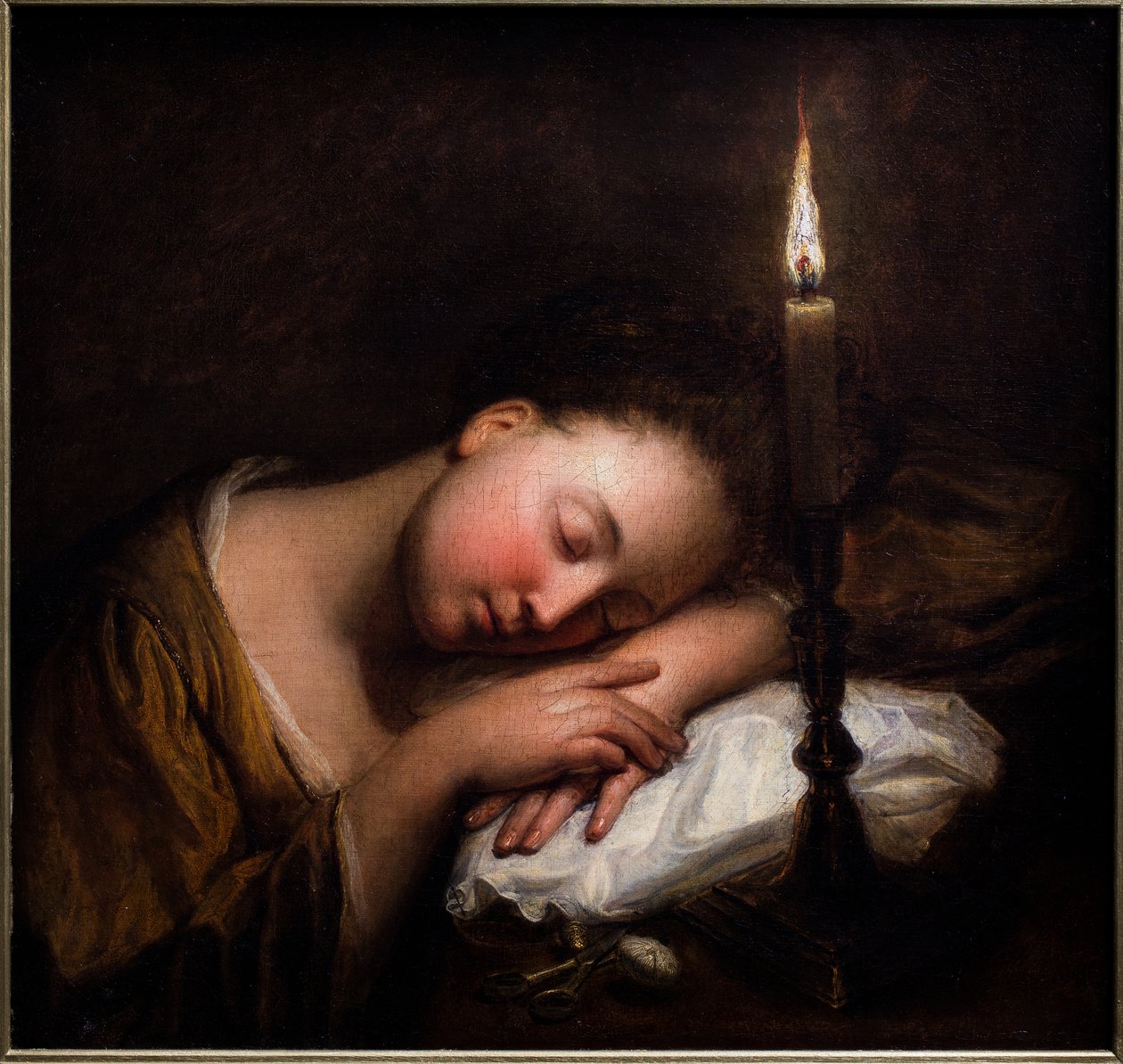 Fiatal lány alszik gyertyafénynél alkotó: Jean Baptiste (after) Santerre