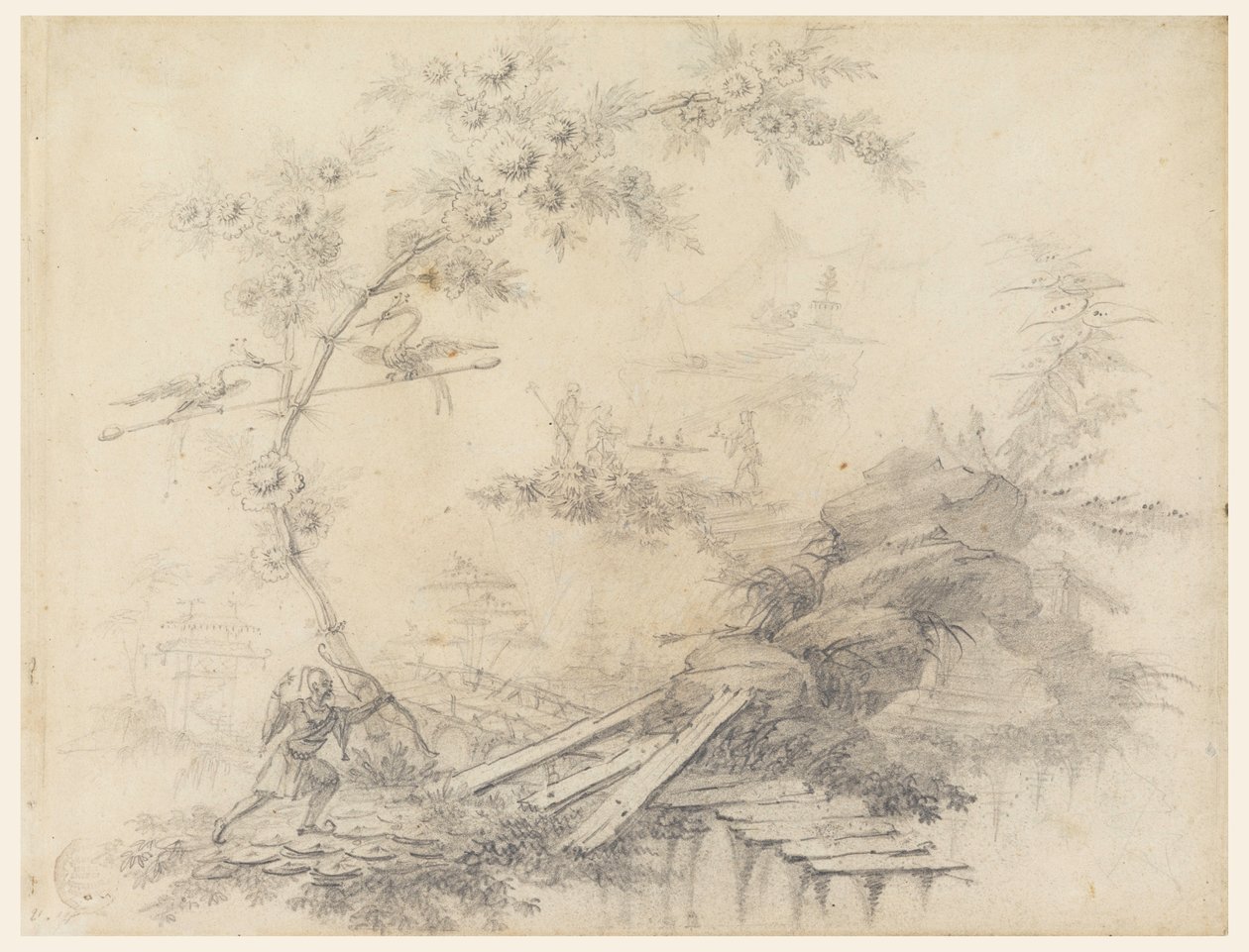 Rajz, Chinoiserie fantázia, 1780 körül. alkotó: Jean Baptiste Pillement