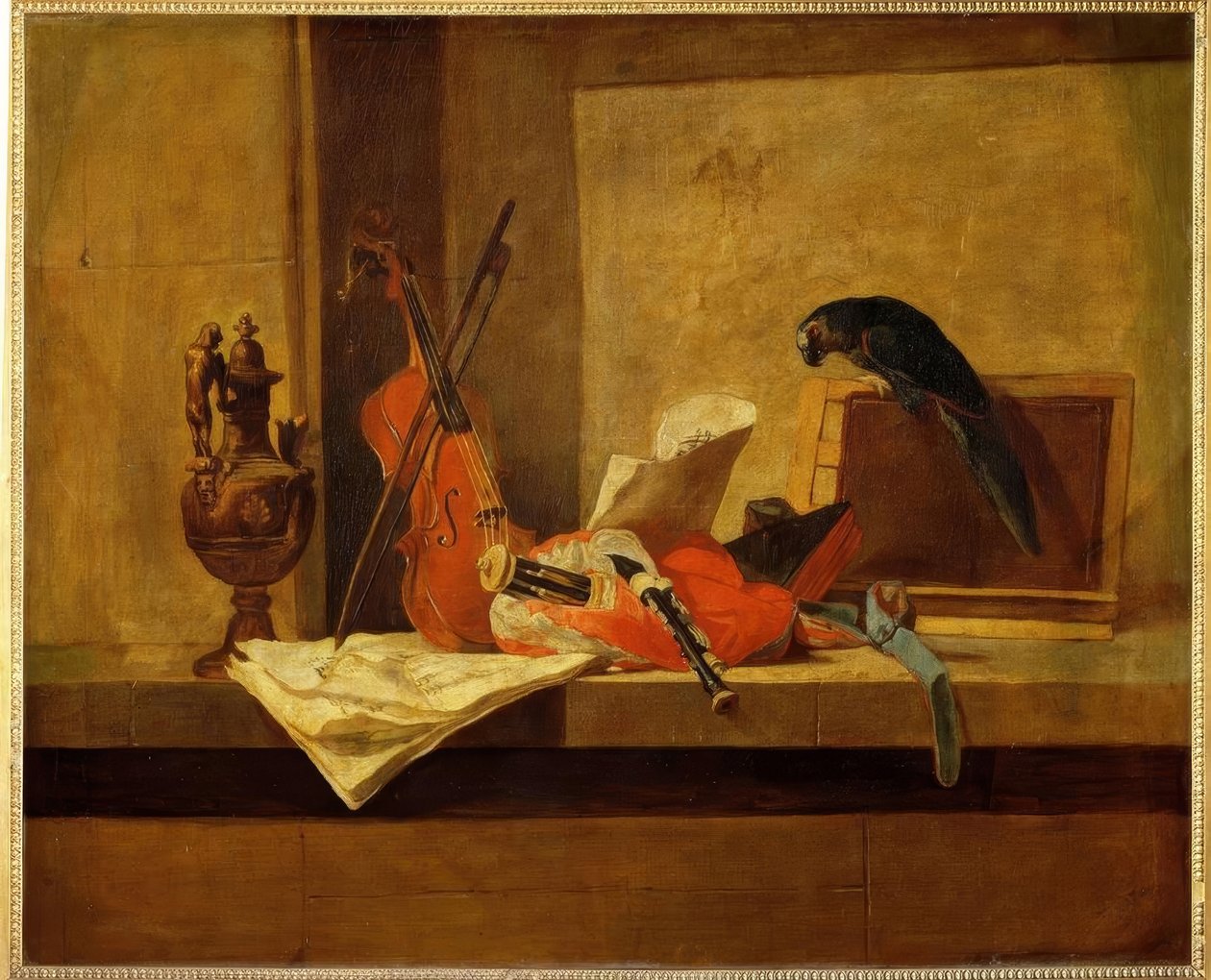 J.B.S.Chardin, Musikinstrumente u. Papag. alkotó: Jean Baptiste Simeon Chardin