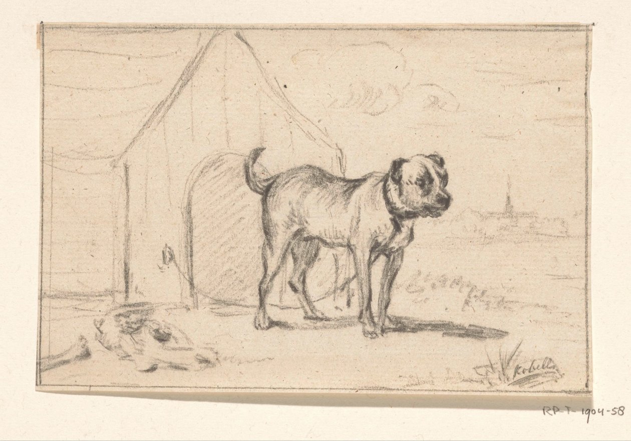 Pórázos kutya, a kennel előtt állva alkotó: Jean Bernard