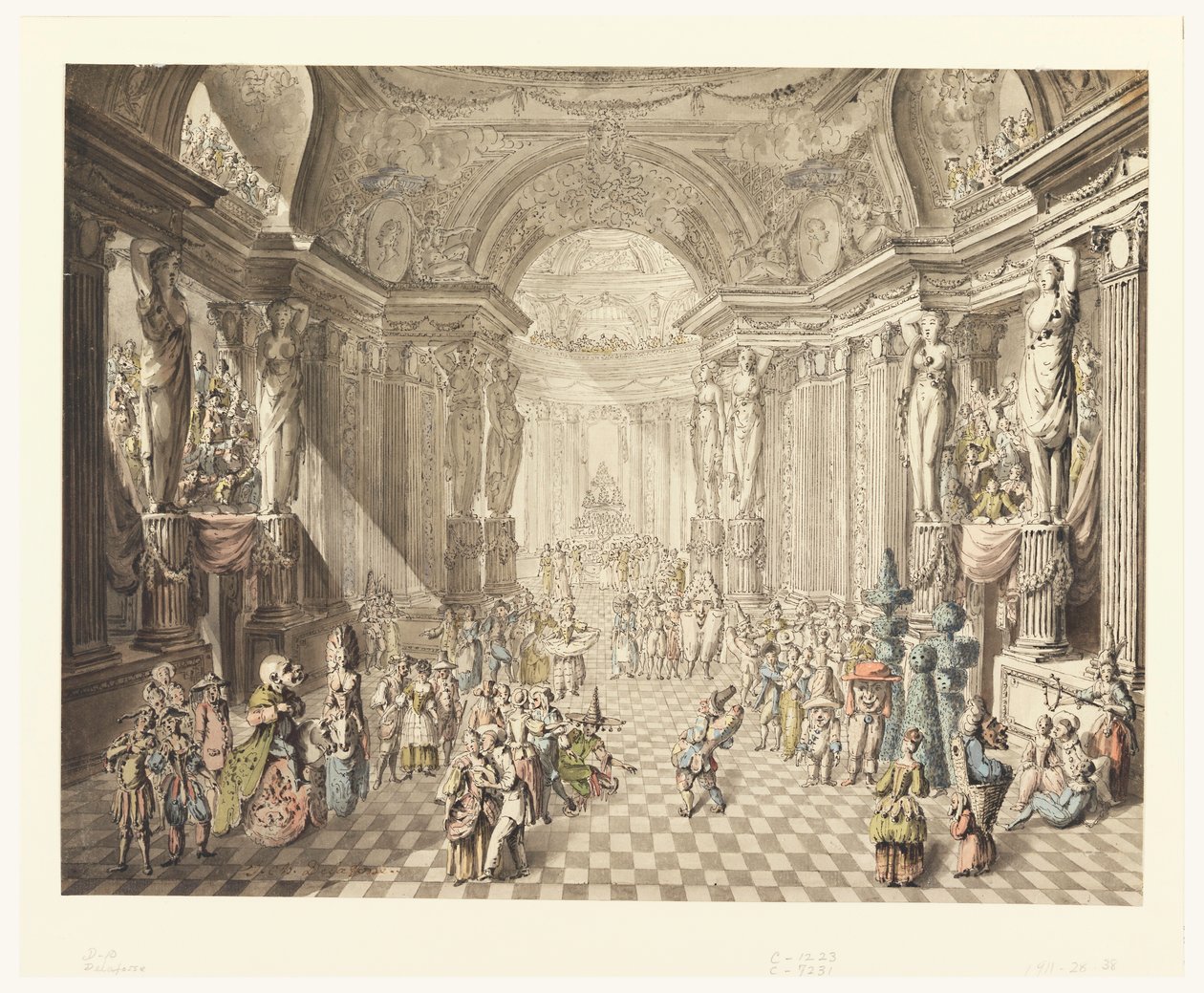 Rajz, Álarcosbál látképe, 1770-80 alkotó: Jean Charles Delafosse