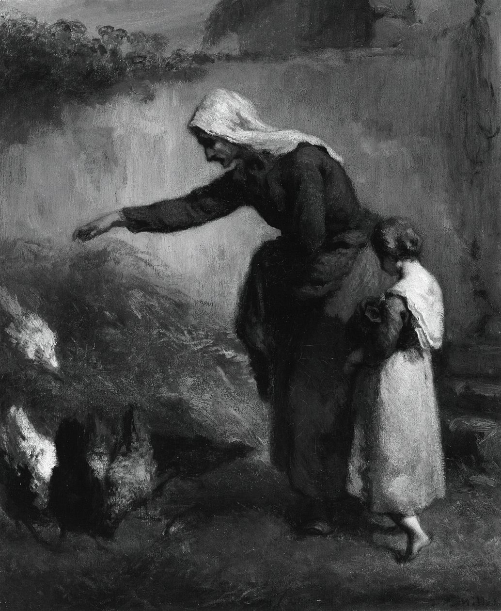 Csirkét etető nő, 184648. alkotó: Jean Francois Millet