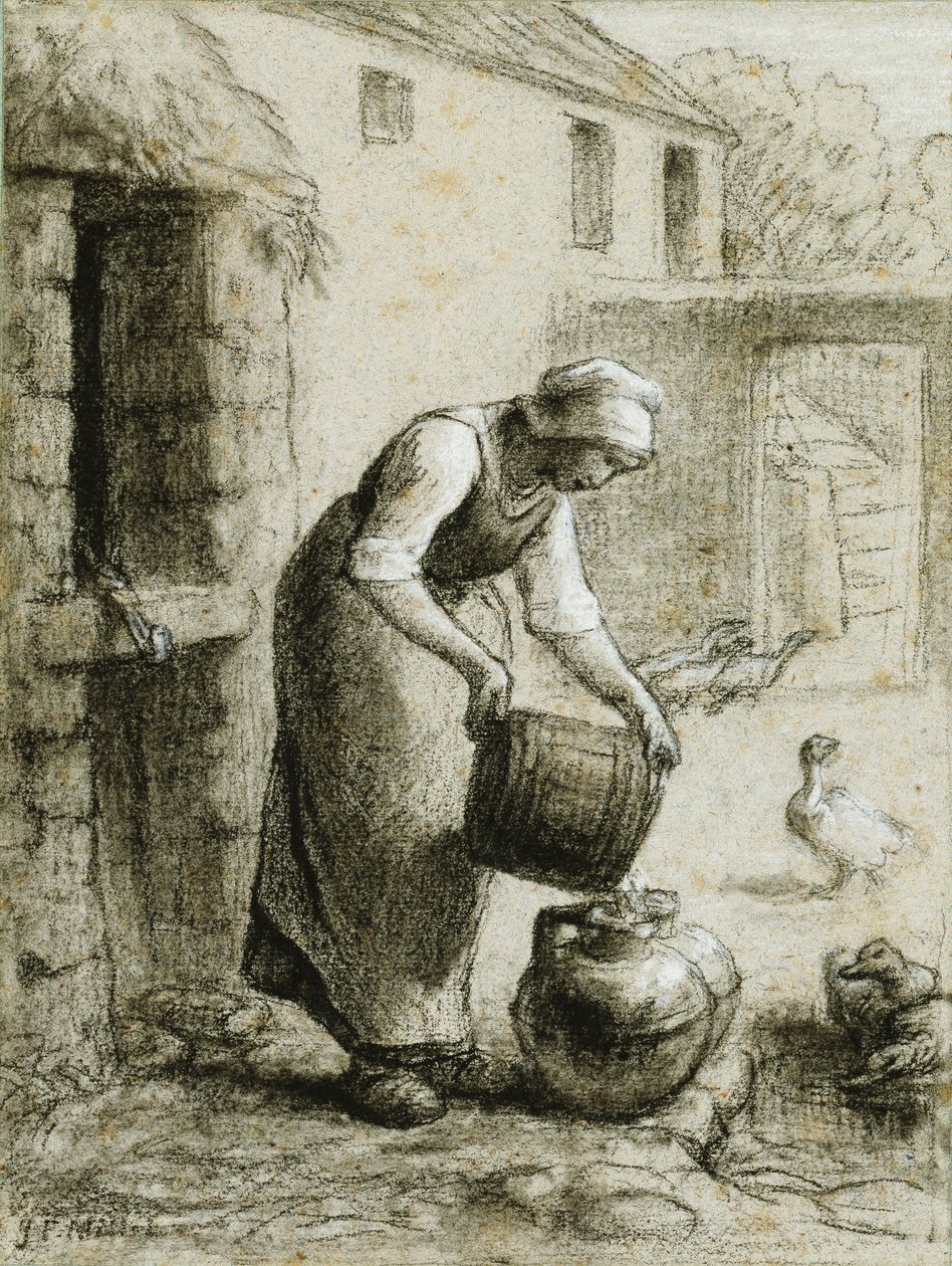 Nő vizet önt a tejesdobozokba alkotó: Jean Francois Millet