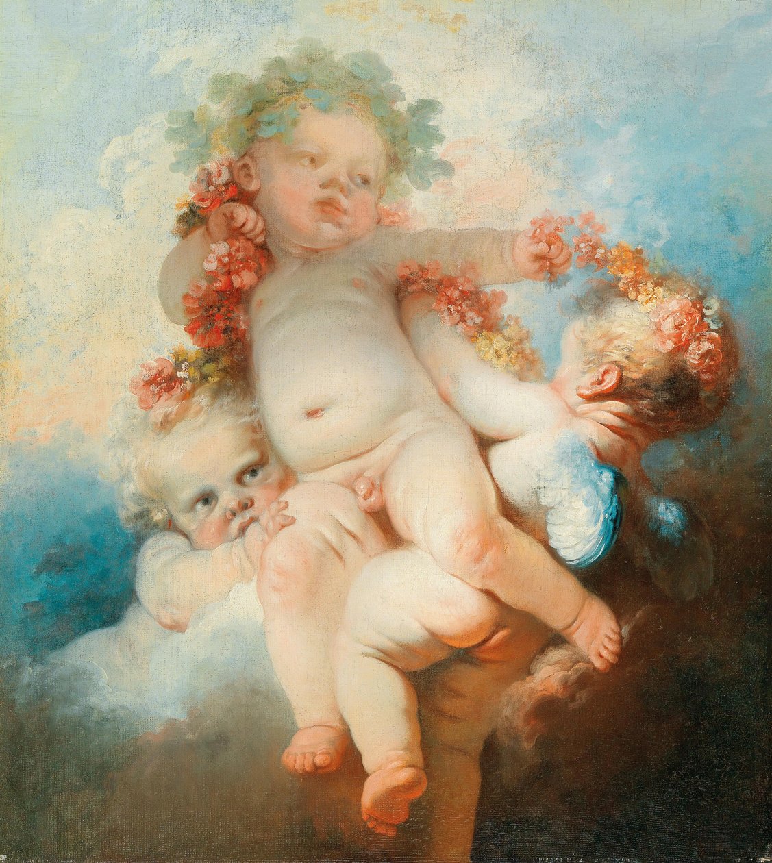Három putti virággal megkoszorúzva. alkotó: Jean Honore Fragonard