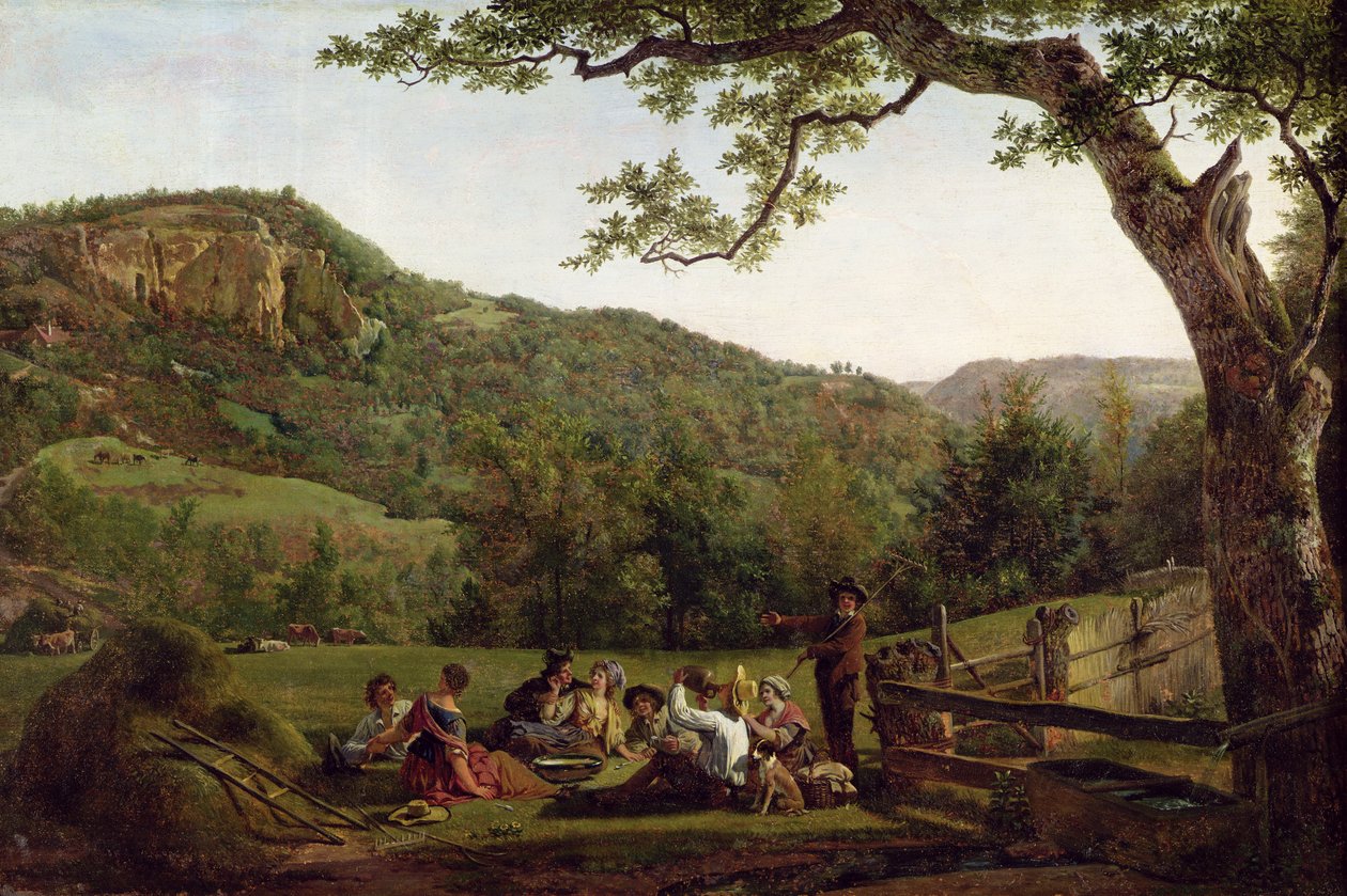 Szénakészítők piknikeznek a mezőn alkotó: Jean Louis De Marne
