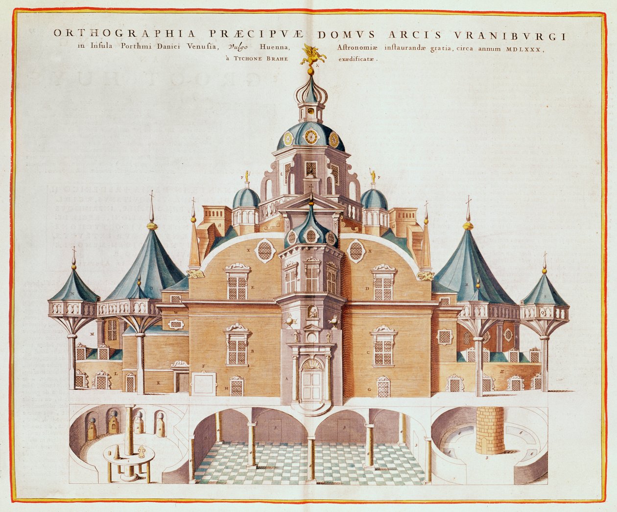 Tycho Brahe Uraniborg csillagvizsgálója Joan Blaeu „Atlas Major” című művéből, 1663 (színes metszet) alkotó: Joan Blaeu
