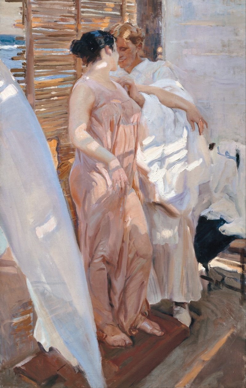 A rózsaszín köntös. Fürdés után alkotó: Joaquín Sorolla