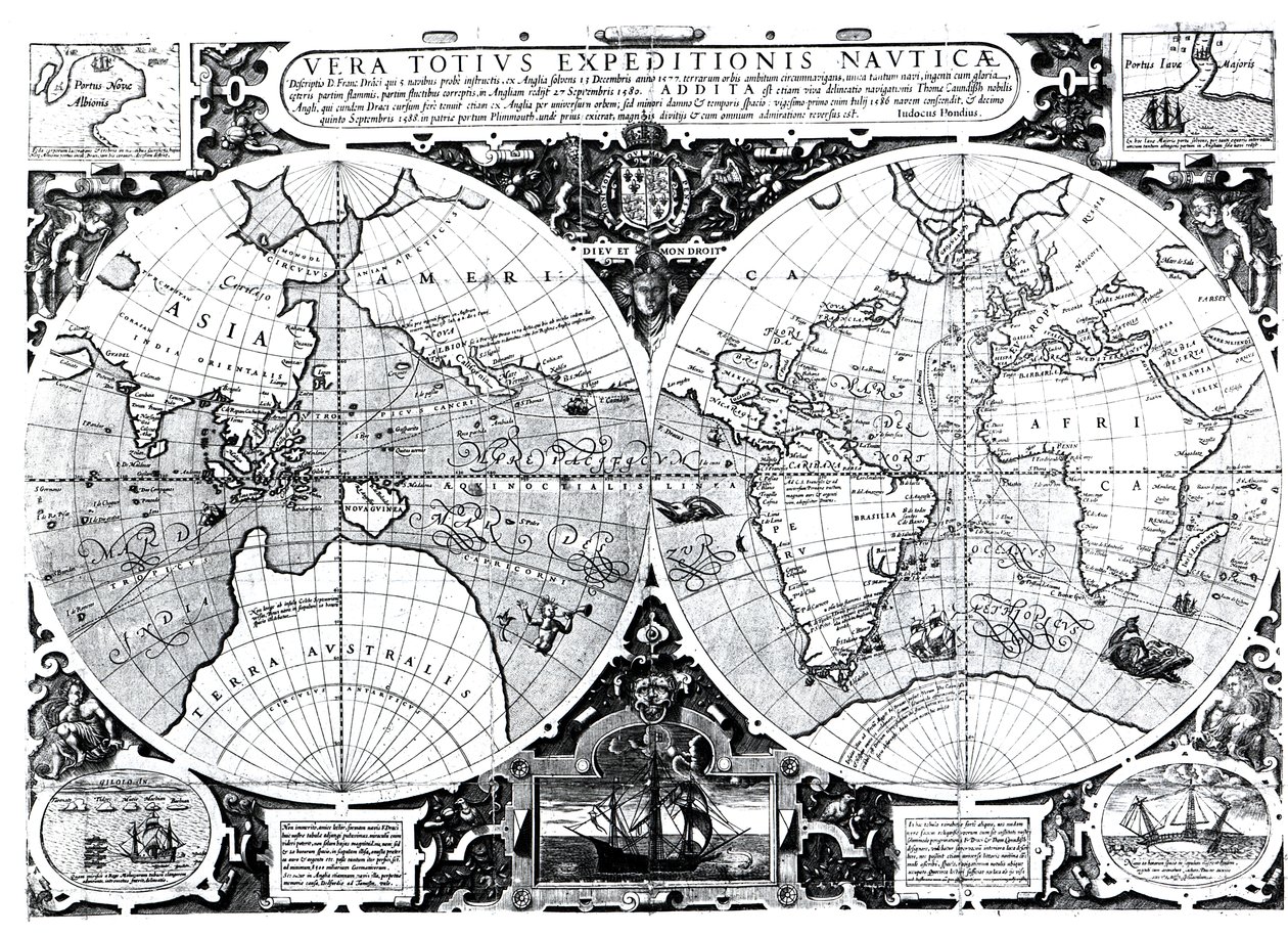Világtérkép; Vera Totius Expeditionis Nauticae, a Föld körüli hajózási térképe (balra) Sir Francis Drake (1540-96) és (jobbra) Thomas Cavendish (1560-92) 1595 körül. alkotó: Jodocus Hondius